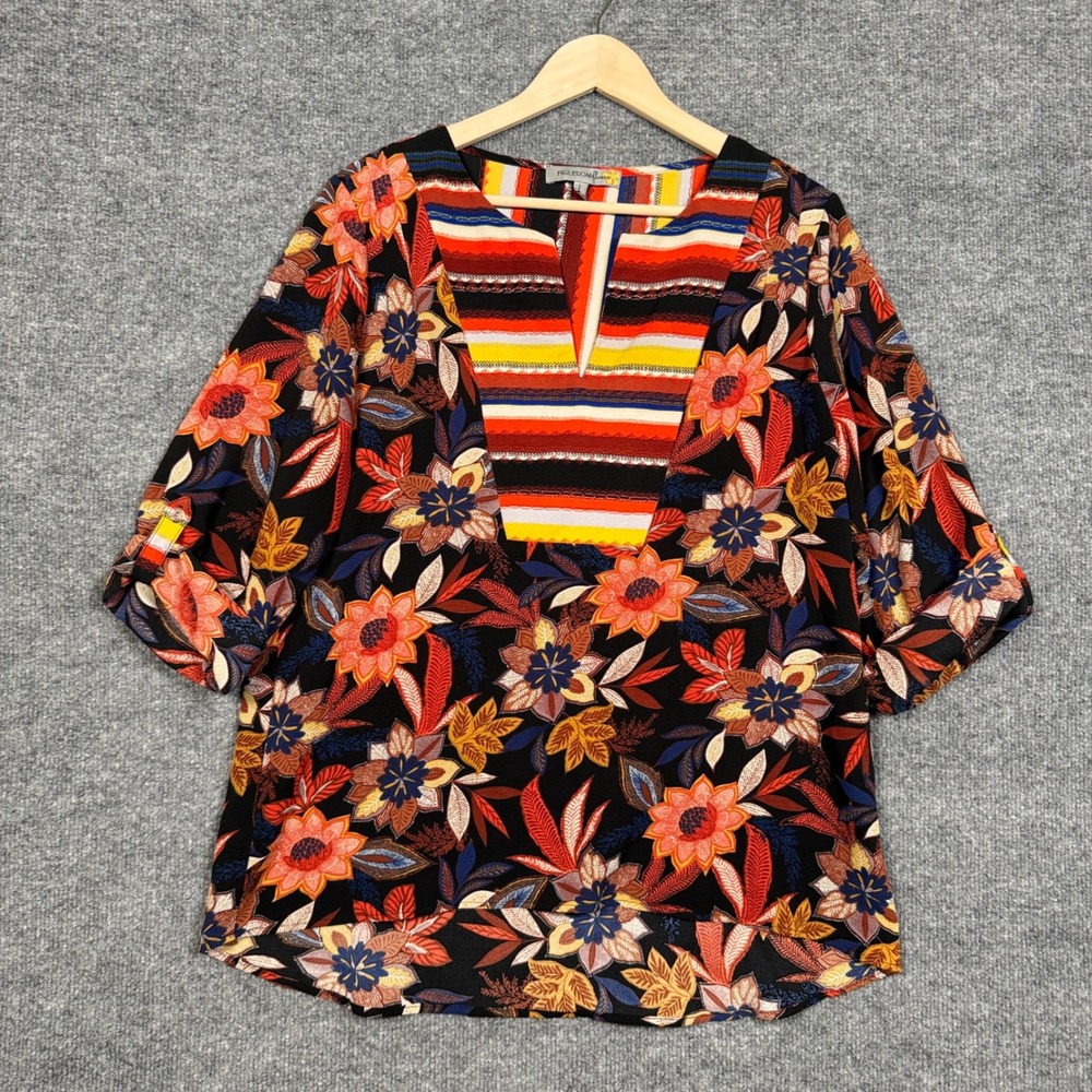 Figueroa & Flower Large Tunic Top Black Floral Stripe Split Neck Roll Tab Sleeve